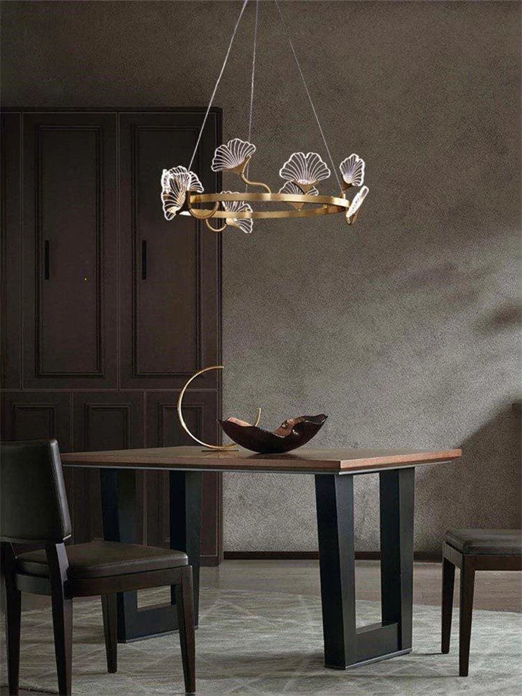 lustre en cuivre simple avec feuilles design led style chinois - vue 3 sur 9