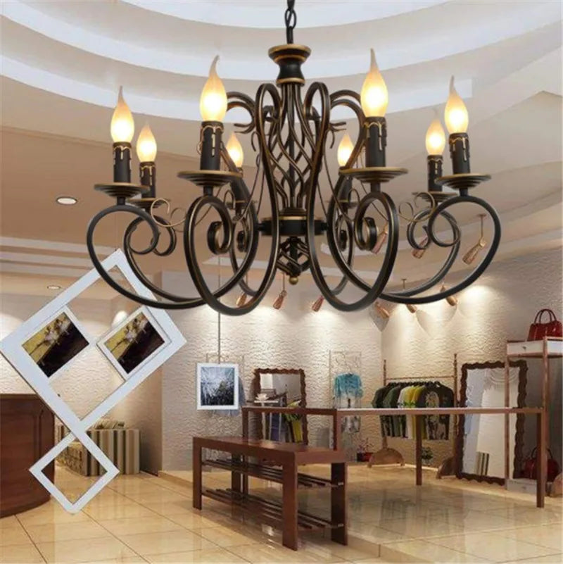 lustre vintage européen en fer avec bougies à led - vue 4 sur 8