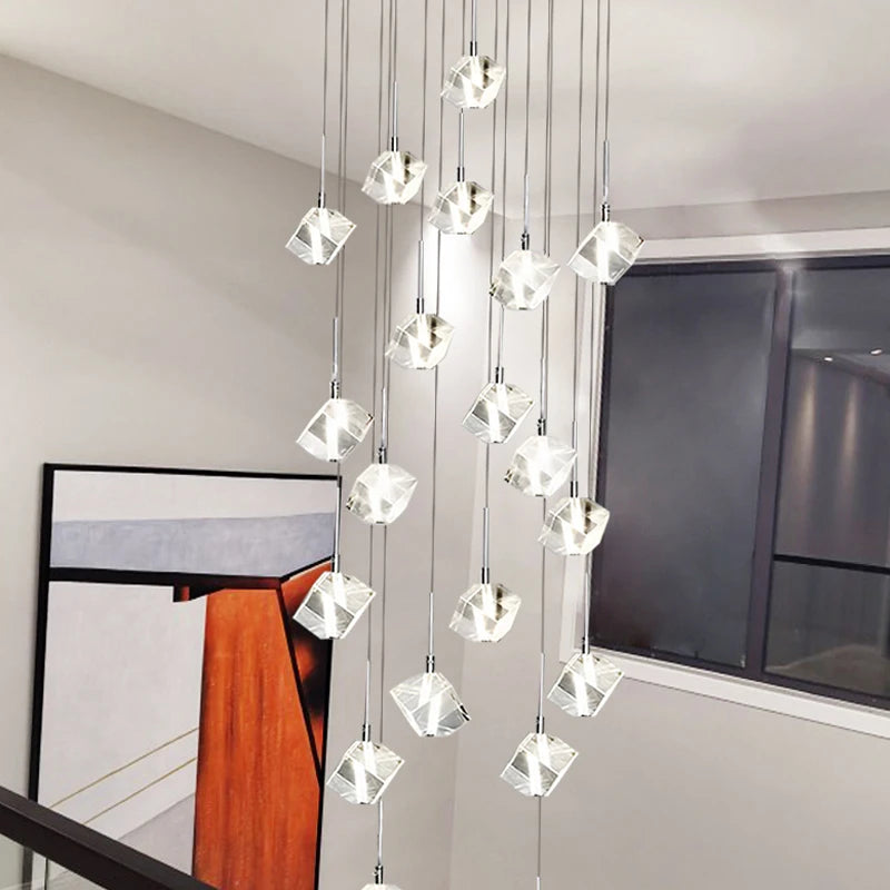 lustre en cristal carré moderne pour escalier et restaurant - vue 3 sur 14