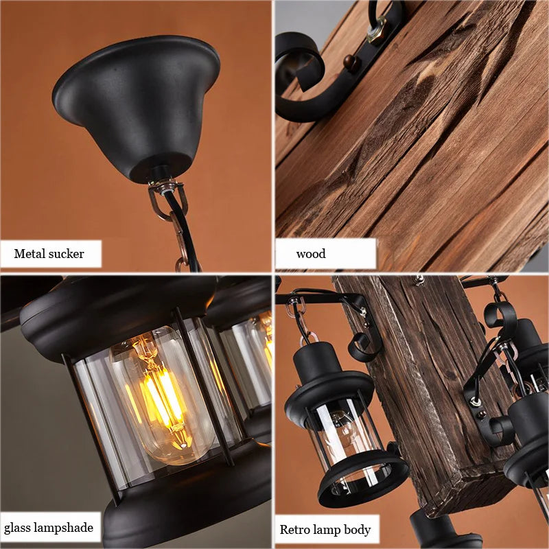 suspension industrielle en bois décorative avec verre - vue 6 sur 7