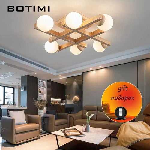 Plafonniers en bois avec abat-jour en verre pour salon moderne monté en Surface Lustres en bois carrés chambre à coucher Luminaire - vue 3 sur 9