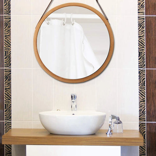 miroir rond suspendu en bambou avec sangle en cuir réglable - vue 5 sur 7