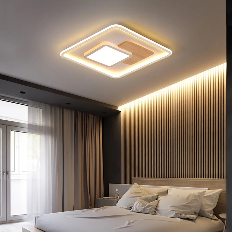 plafonnier rond moderne en bois véritable avec leds décoratives - vue 4 sur 16
