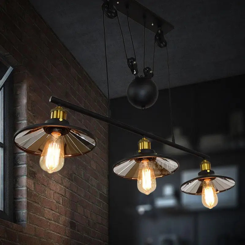 suspension industrielle vintage à 3 têtes avec poulie en fer - vue 6 sur 8