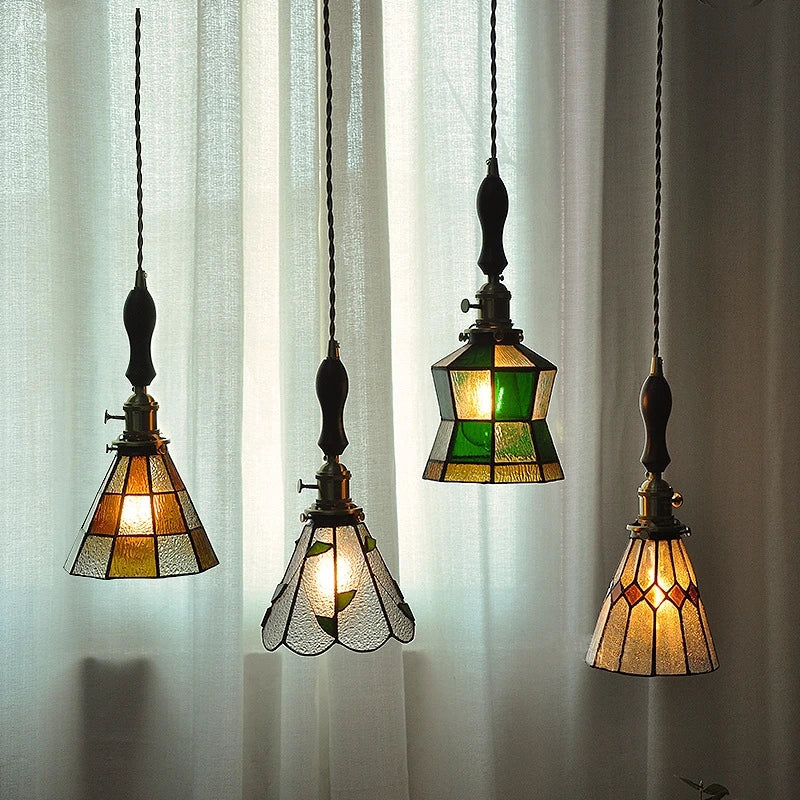 petit lustre nordique en cuivre avec verre coloré - vue 2 sur 14