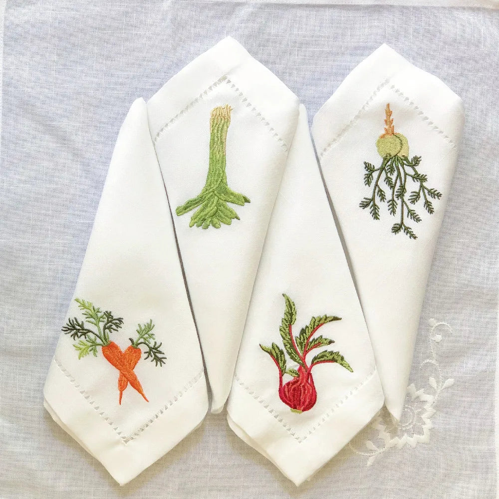 Serviette de table lin coton brodée légumes ajourée - vue 2 sur 6