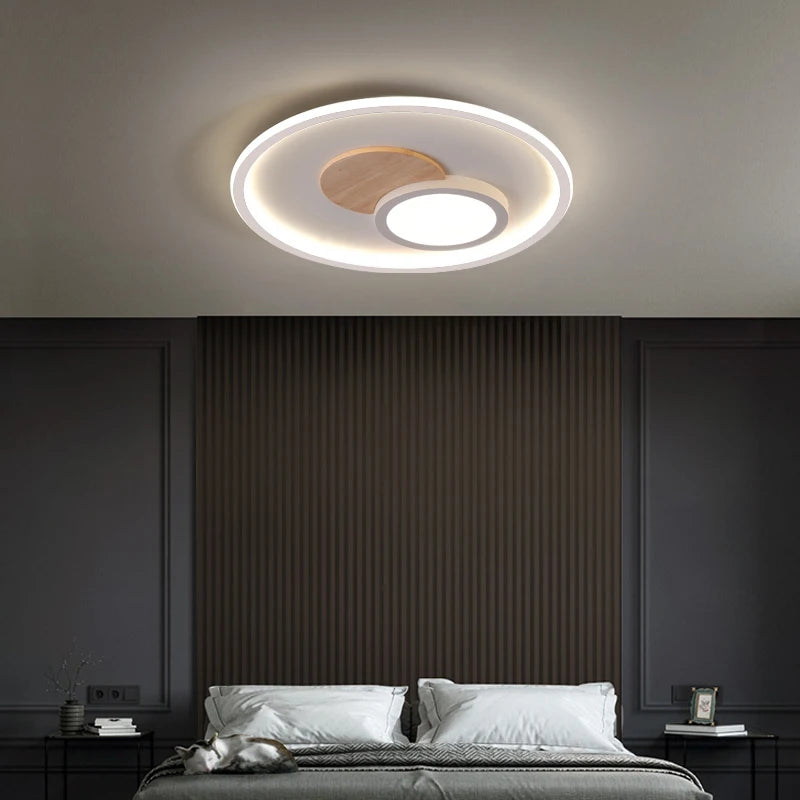plafonnier rond moderne en bois véritable avec leds décoratives - vue 5 sur 16
