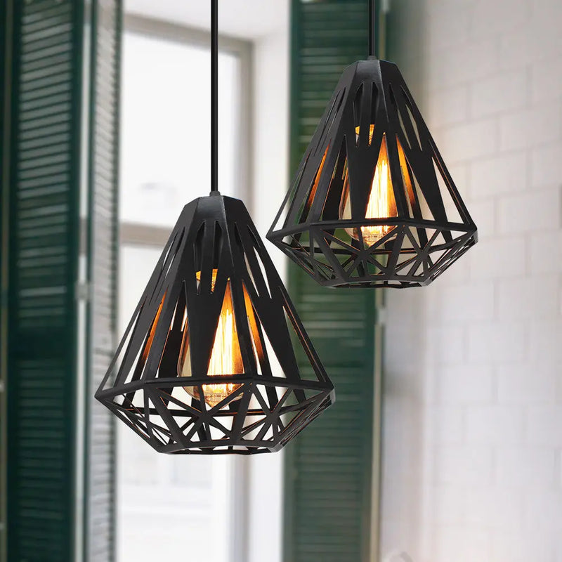 Moderne industriel Vintage Cage suspension fer Art diamant pyramide maison salon cuisine île plafond suspension lampe LED