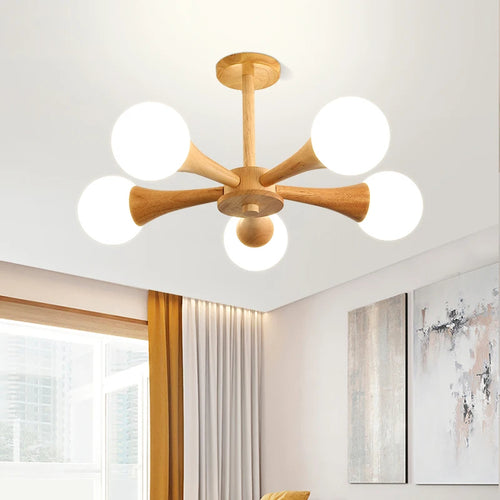 lustre moderne en bois avec abat-jour en verre