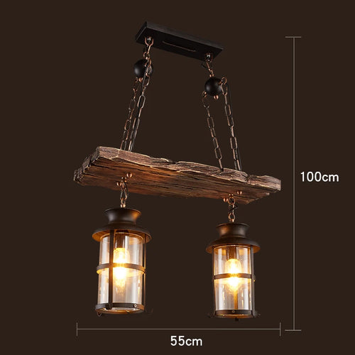 lustre vintage loft en bois avec suspension LED - vue 8 sur 28