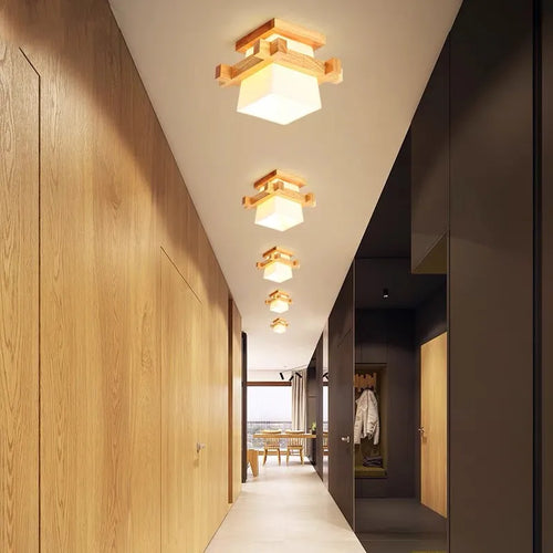 plafonnier led japonais avec abat-jour en verre et base en bois - vue 5 sur 18
