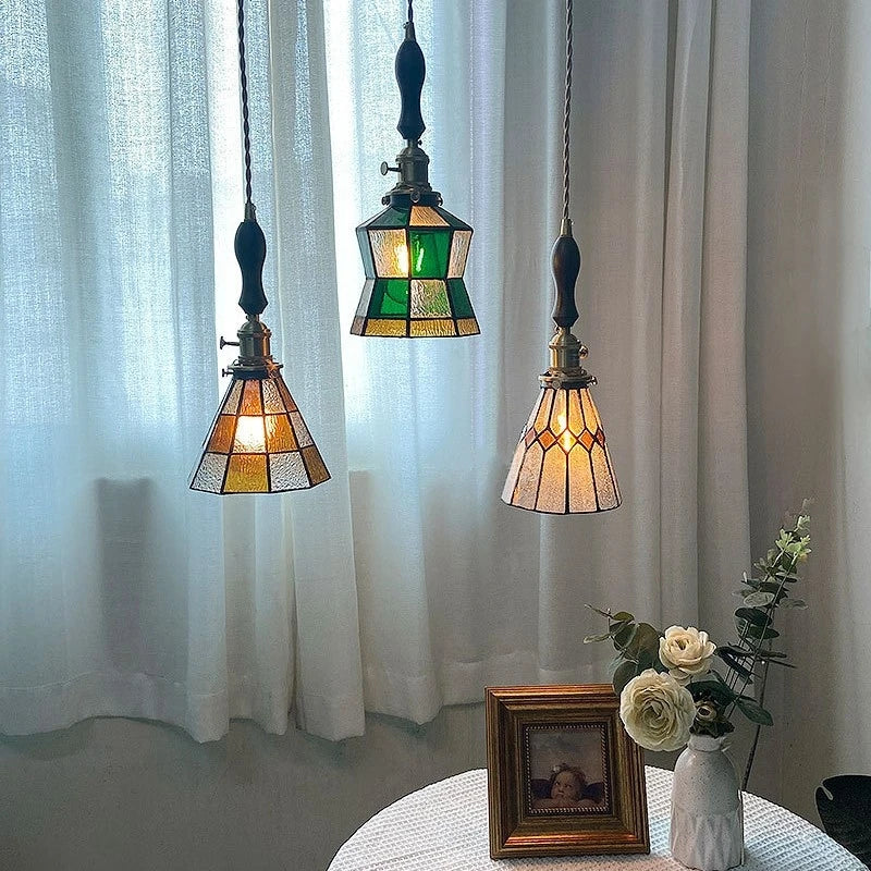 petit lustre nordique en cuivre avec verre coloré - vue 3 sur 14