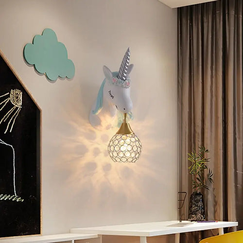 applique murale Dessin animé enfants bébé tenture LED résine licorne bleu rose pour princesse fille chambre décoration - vue 4 sur 23