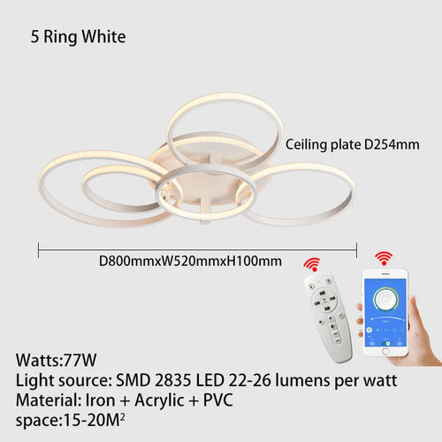 Lustre Led moderne anneau Led plafonniers salon chambre lumières plafond noir/blanc 1-5 anneau d'éclairage APP/lustre à distance - vue 16 sur 16