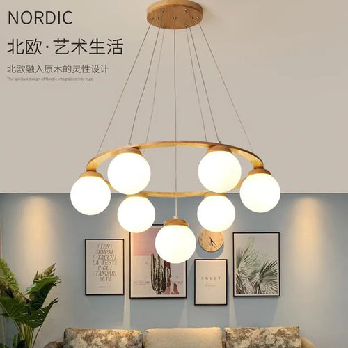 suspension nordique moderne en bois et verre blanc - vue 6 sur 15