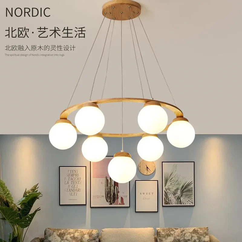 suspension nordique moderne en bois et verre blanc - vue 5 sur 15