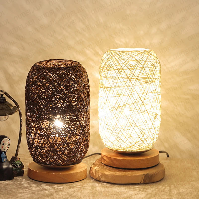 lampe à poser en rotin base bois décoration intérieure moderne - vue 6 sur 8