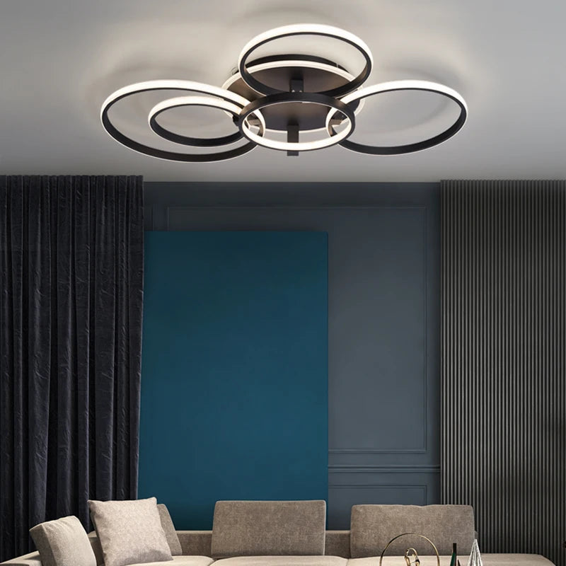 Lustre Led moderne anneau Led plafonniers salon chambre lumières plafond noir/blanc 1-5 anneau d'éclairage APP/lustre à distance - vue 3 sur 16
