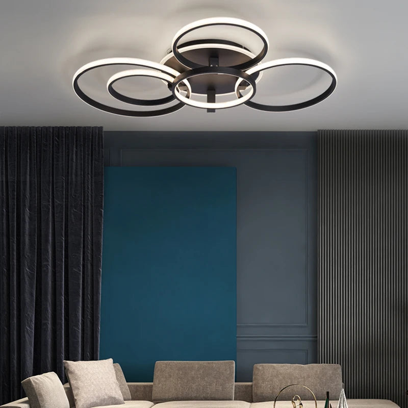 Lustre Led moderne anneau Led plafonniers salon chambre lumières plafond noir/blanc 1-5 anneau d'éclairage APP/lustre à distance