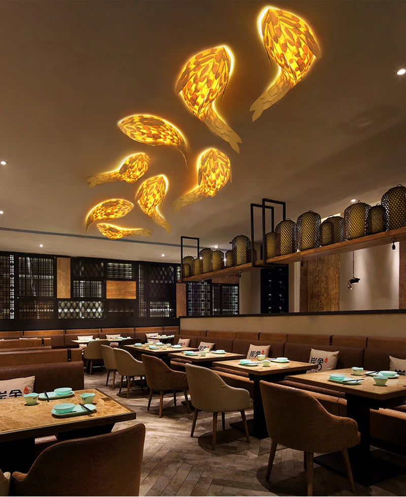 plafonnier baleine Style japonais en bois massif dauphin Restaurant asiatique Hotpot boutique lampe carpe poisson applique décorative