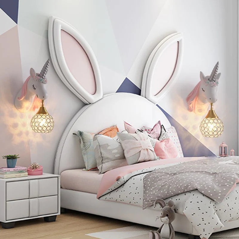 applique murale Dessin animé enfants bébé tenture LED résine licorne bleu rose pour princesse fille chambre décoration - vue 4 sur 23