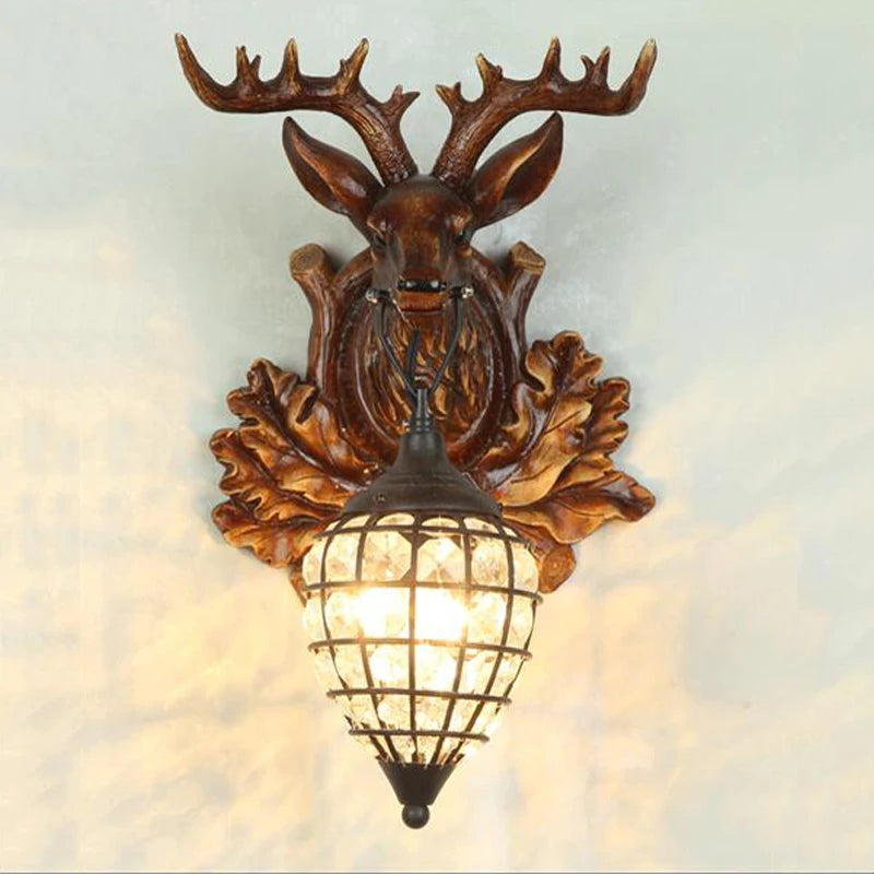 applique murale rétro en bois avec tête de cerf