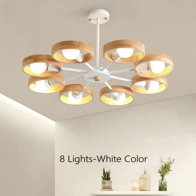 Lampe de lustre en bois nordique pour salon chambre salle à manger décor abat-jour en bois rond noir E27 Suspension - vue 9 sur 12