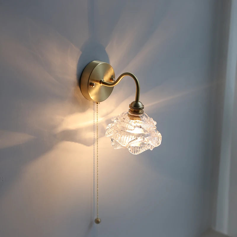 Applique murale fleur verre cuivre tirer chaîne interrupteur LED chambre salle de bain miroir escalier lumière nordique moderne