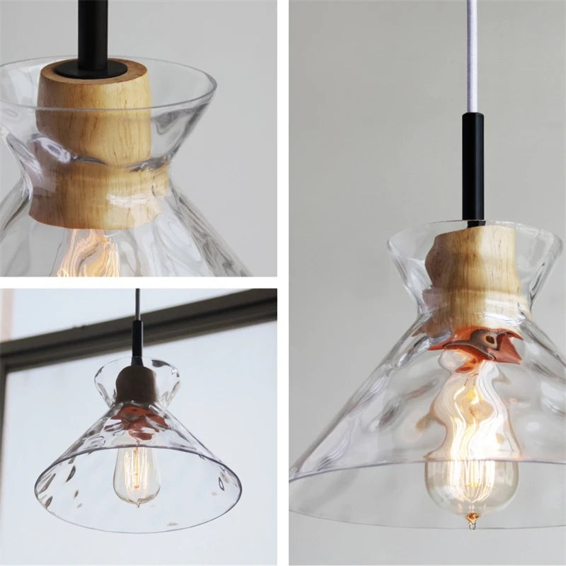 suspension led en verre grain d'eau et bois nordique rétro