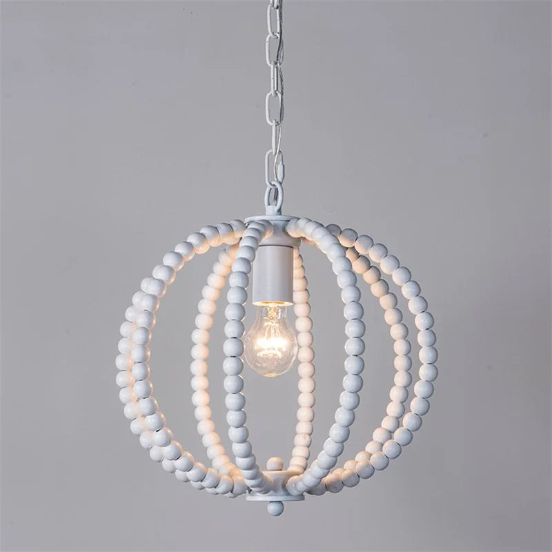 lustre rond en perles de bois style rétro rustique en fer blanc - vue 4 sur 11