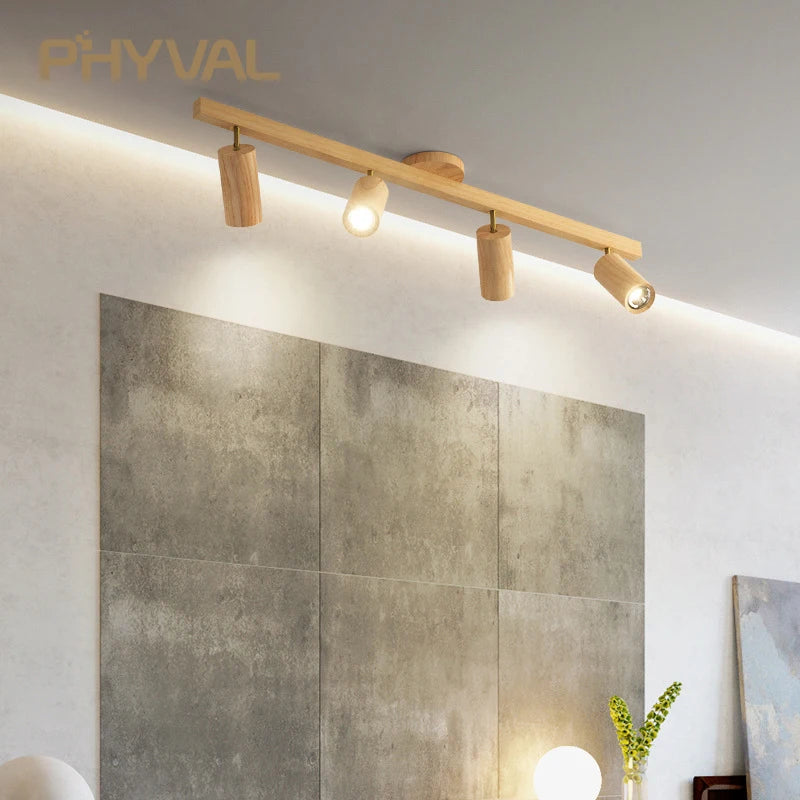 Plafonnier projecteurs spots sur rail LED nordique salon mur allée barre éclairage magasin de vêtements en bois - vue 6 sur 10