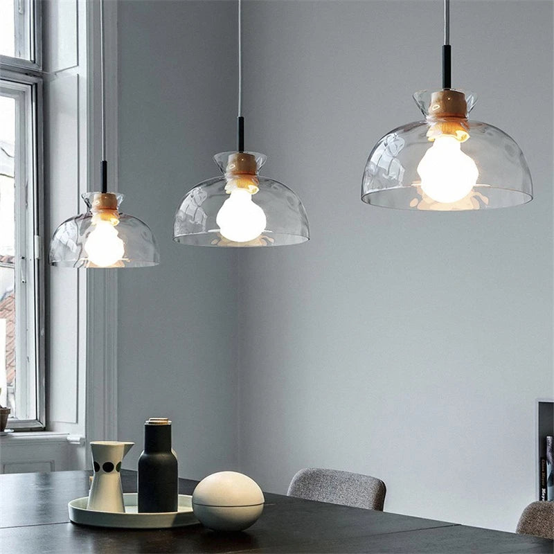 suspension led en verre grain d'eau et bois nordique rétro