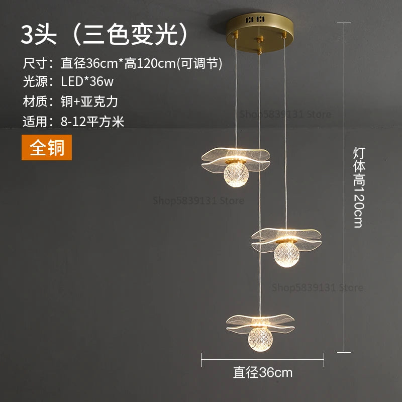 lustre moderne en acrylique et cuivre led feuille de lotus - vue 10 sur 18