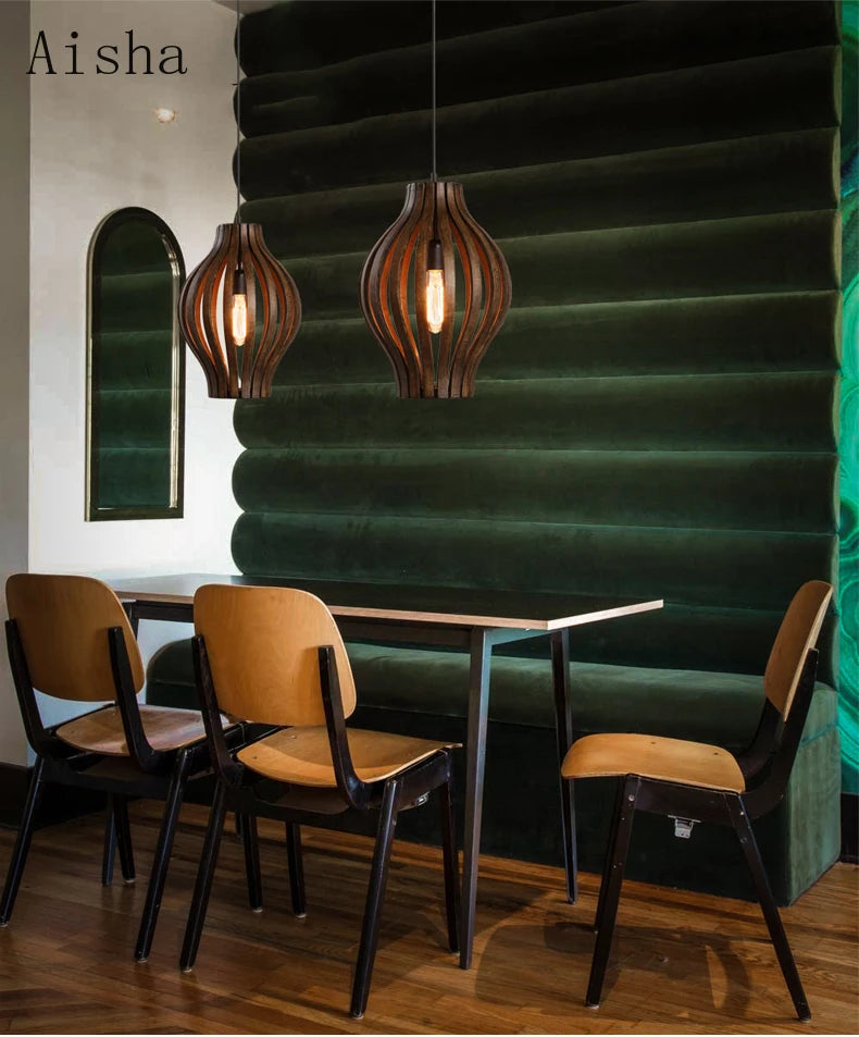 lustre rétro en bois style sud-est asiatique pour décoration intérieure - vue 3 sur 7