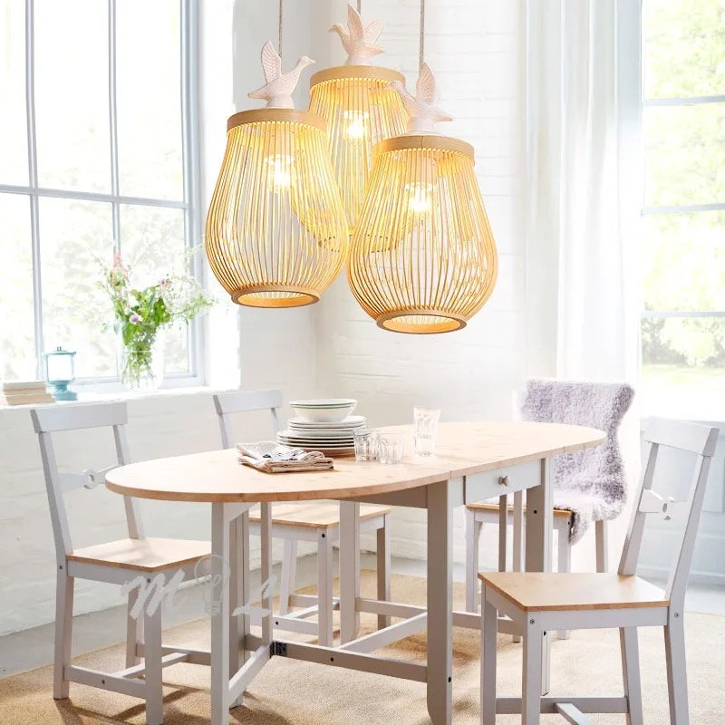 suspension moderne en bois et bambou design oiseau décoratif - vue 3 sur 10