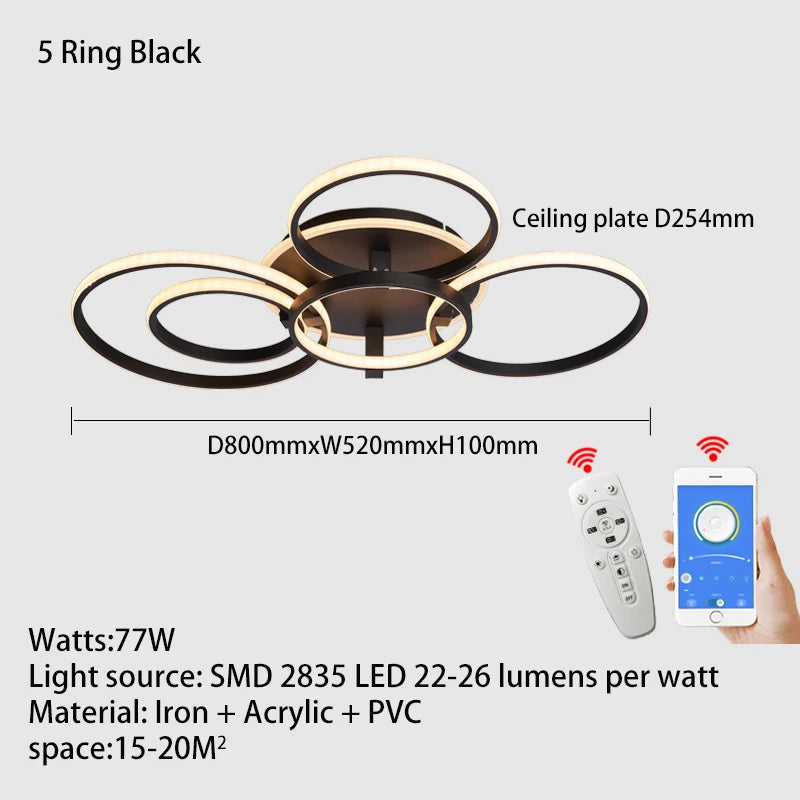 Lustre Led moderne anneau Led plafonniers salon chambre lumières plafond noir/blanc 1-5 anneau d'éclairage APP/lustre à distance - vue 16 sur 16