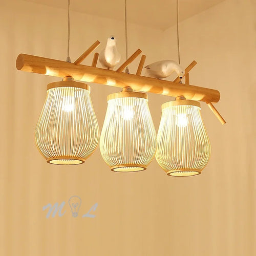 suspension moderne en bois et bambou design oiseau décoratif - vue 3 sur 10