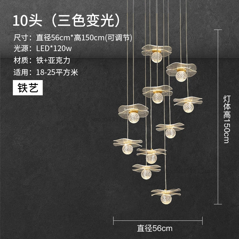 lustre moderne en acrylique et cuivre led feuille de lotus - vue 12 sur 18