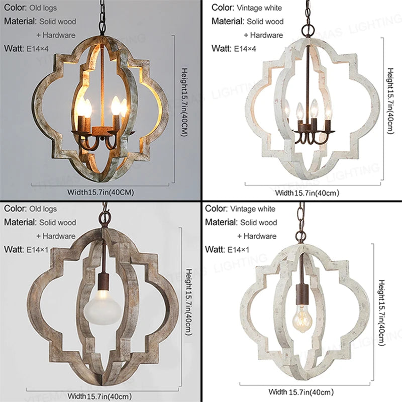 Vintage lustre en bois massif éclairage à la maison style français américain pour salon chambre à manger cuisine rétro blanc 4 lumières - vue 8 sur 10