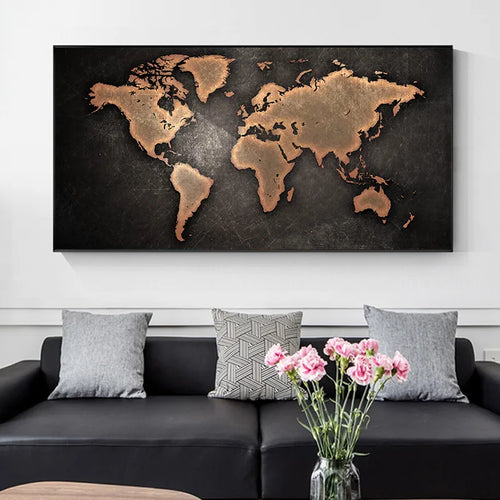 carte du monde vintage peinture sur toile art mural décoratif