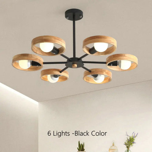 Lampe de lustre en bois nordique pour salon chambre salle à manger décor abat-jour en bois rond noir E27 Suspension - vue 12 sur 12