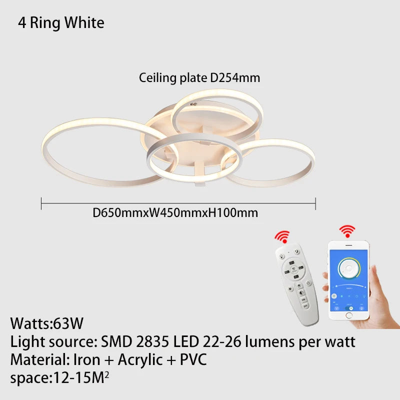 Lustre Led moderne anneau Led plafonniers salon chambre lumières plafond noir/blanc 1-5 anneau d'éclairage APP/lustre à distance - vue 13 sur 16