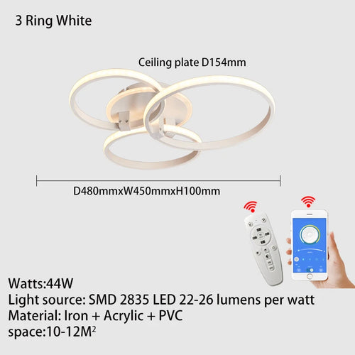 Lustre Led moderne anneau Led plafonniers salon chambre lumières plafond noir/blanc 1-5 anneau d'éclairage APP/lustre à distance - vue 12 sur 16