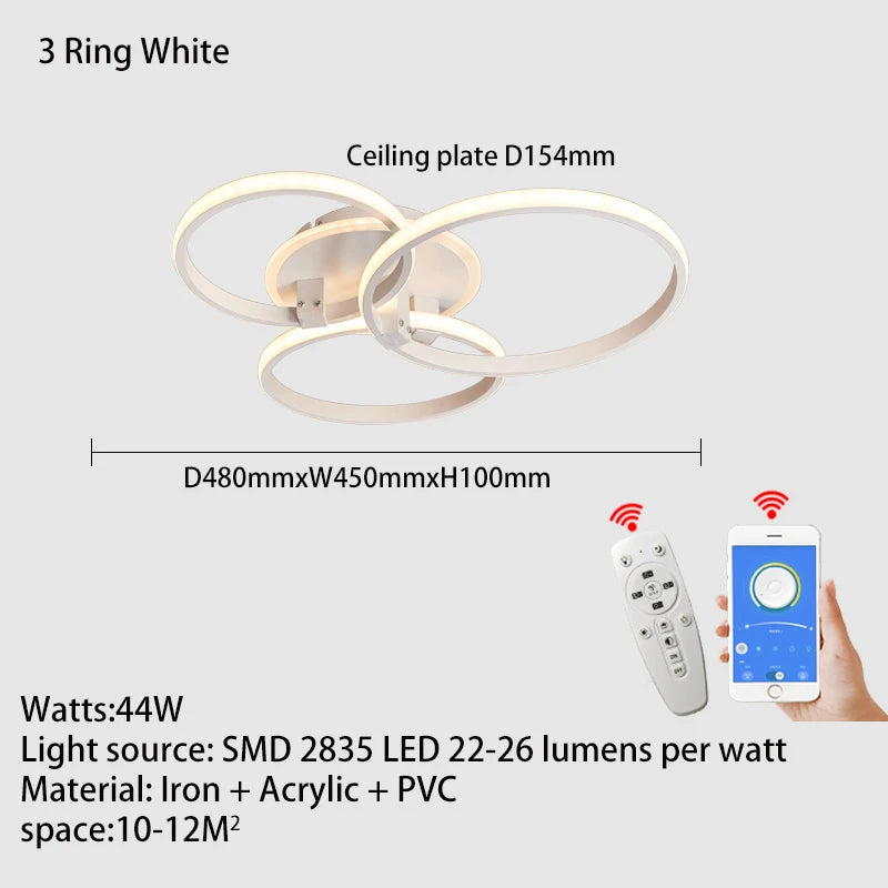 Lustre Led moderne anneau Led plafonniers salon chambre lumières plafond noir/blanc 1-5 anneau d'éclairage APP/lustre à distance - vue 11 sur 16