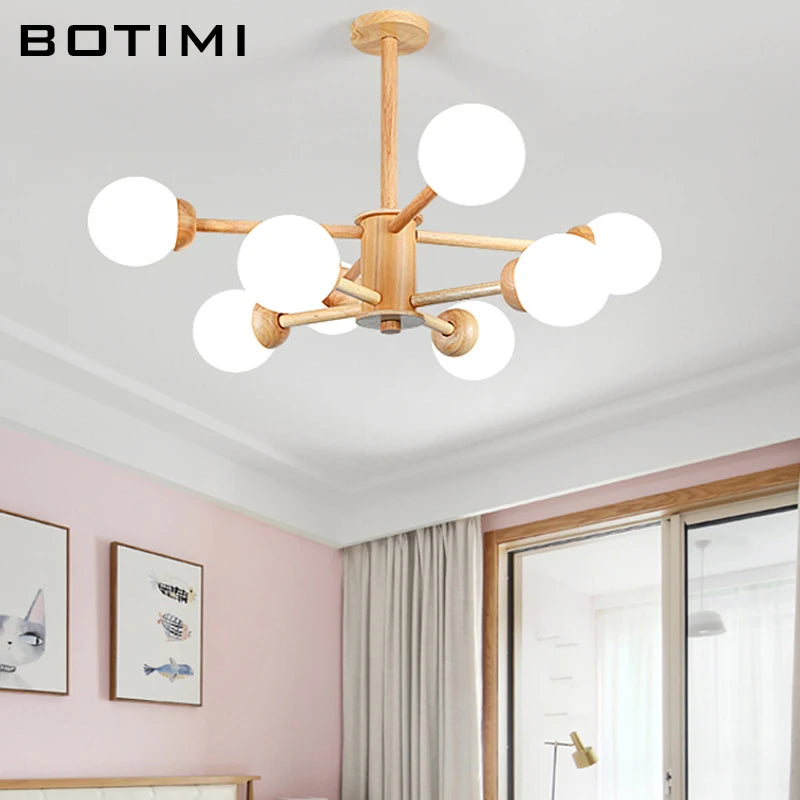 lustre en bois led verre para sala jantar hall lampe - vue 5 sur 14
