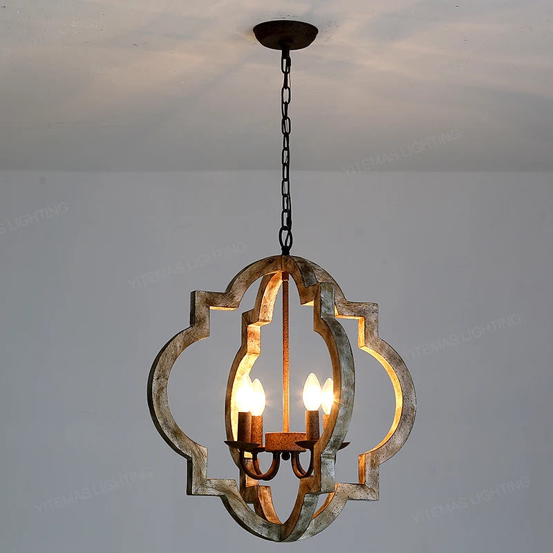 Vintage lustre en bois massif éclairage à la maison style français américain pour salon chambre à manger cuisine rétro blanc 4 lumières - vue 4 sur 10