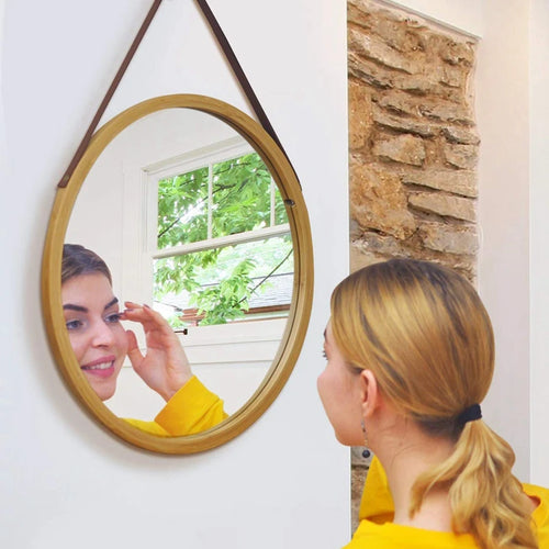 miroir rond suspendu en bambou avec sangle en cuir réglable - vue 7 sur 7