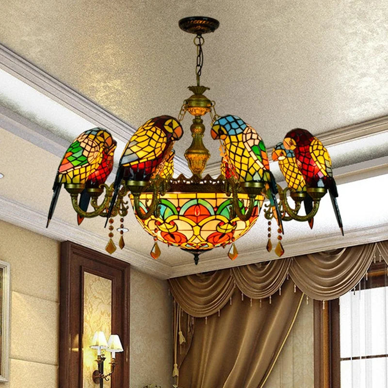 lustre tiffany vitrail lumineux oiseau perroquet design élégant intérieur