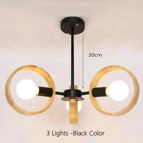 Lampe de lustre en bois nordique pour salon chambre salle à manger décor abat-jour en bois rond noir E27 Suspension - vue 11 sur 12