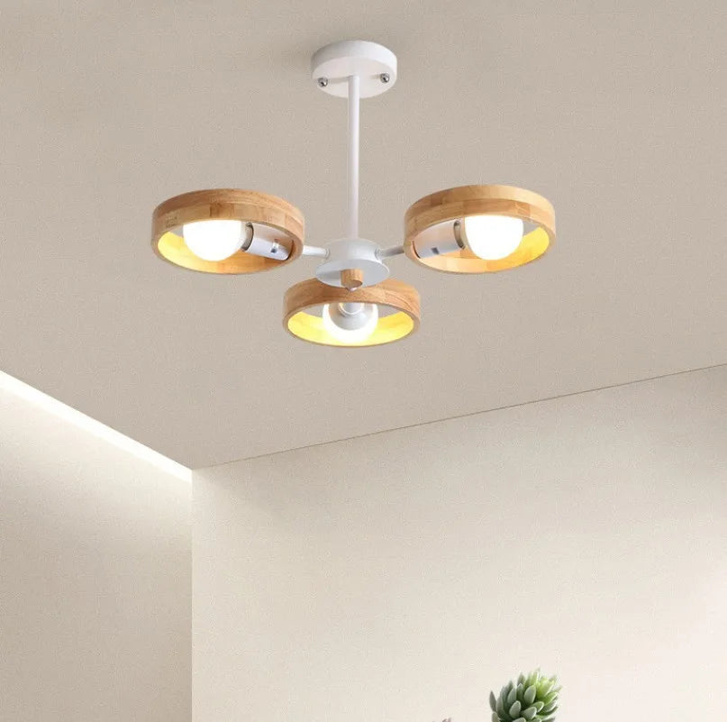 Lampe de lustre en bois nordique pour salon chambre salle à manger décor abat-jour en bois rond noir E27 Suspension - vue 4 sur 12